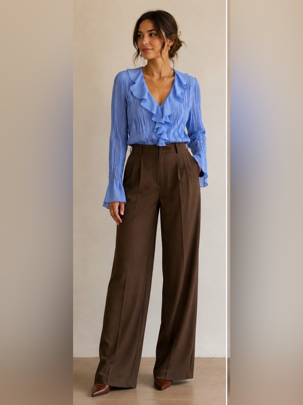 Periwinkle Blue Crinkle Pleated Ruffle Blouse | Romantic Feminine Career Top |